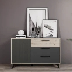 Madia nero opaco e legno chiaro 130x80 cm 3 cassetti 1 anta e piedini MI22