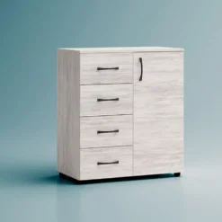 Madia piccola per soggiorno con 4 cassetti e 1 anta, bianco legno MG2