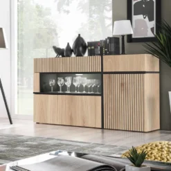 Madia 150x90cm contemporanea design a strisce nere con luci led rovere e nero MP20