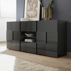 Madia 181x84 con frontale geometrico due ante e due cassetti grigio lucido ML9