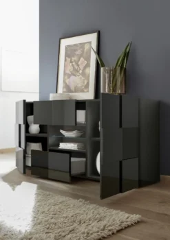 Madia 181x84 con frontale geometrico due ante e due cassetti grigio lucido ML9