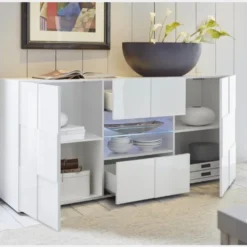 Madia 181x84 con frontale geometrico due ante e due cassetti bianco lucido ML9