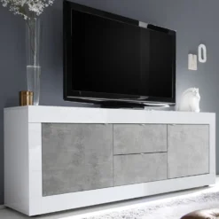 Madia 210x66 da soggiorno con due ante e due cassetti bianco e cemento ML6