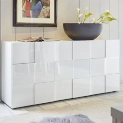 Madia 181x84 da soggiorno con frontale geometrico a tre ante battenti bianco lucido ML10