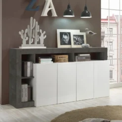 Madia 184x93 da soggiorno moderna con quattro ante e ripiano bianco e ossido ML17