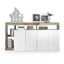Madia 184x93 da soggiorno moderna con quattro ante e ripiano bianco e pero ML17