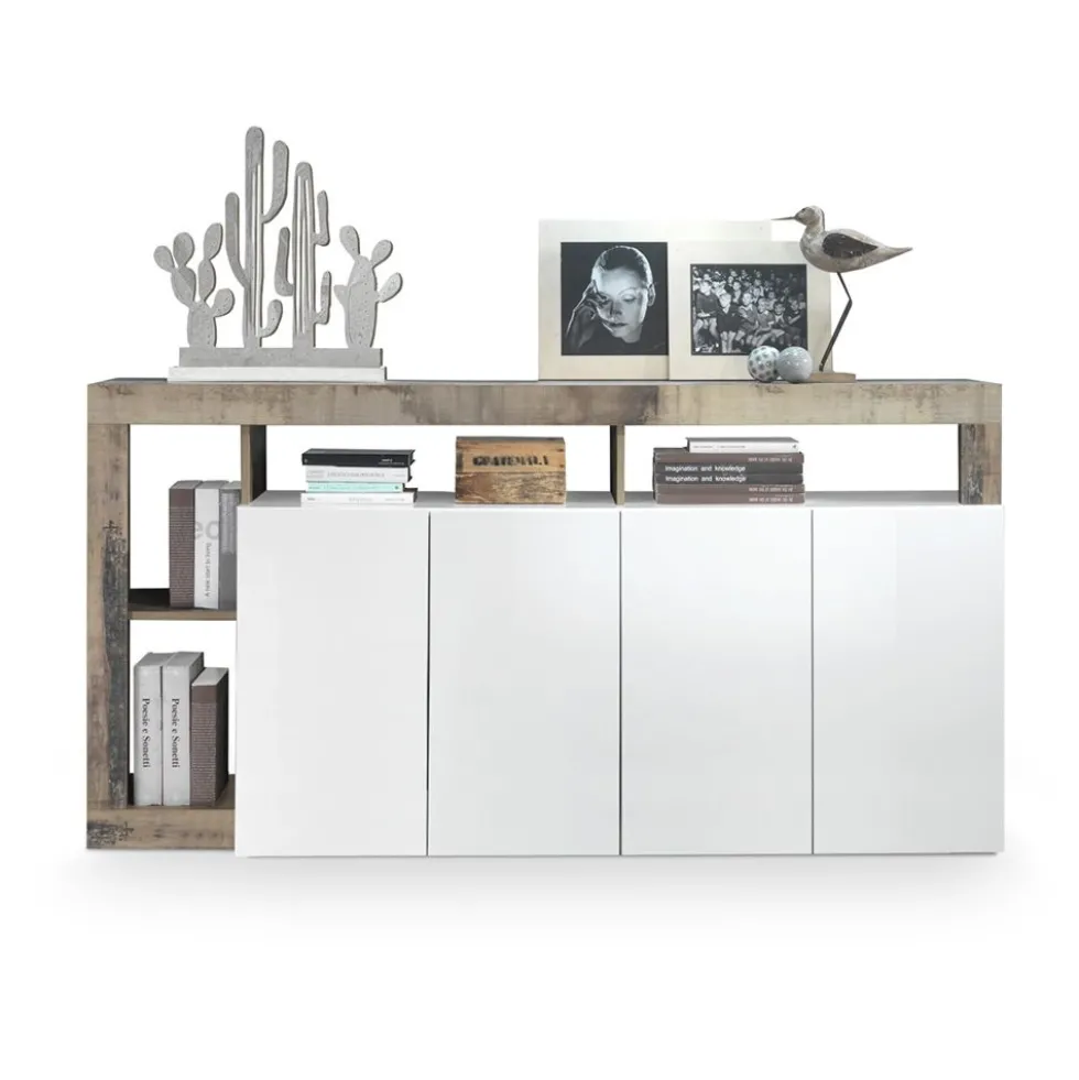 Madia 184x93 da soggiorno moderna con quattro ante e ripiano bianco e pero ML17