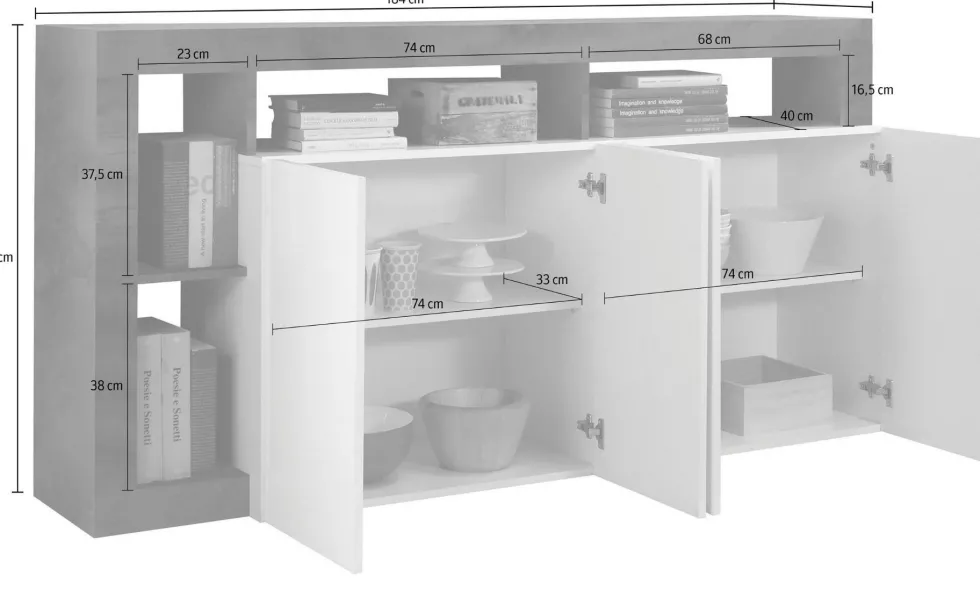 Madia 184x93 da soggiorno moderna con quattro ante e ripiano bianco e pero ML17