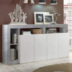 Madia 184x93 da soggiorno moderna con quattro ante e ripiano bianco e cemento ML17