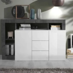 Madia 146x93 moderna con due ante e tre cassetti e ripiano bianco e ossido ML19