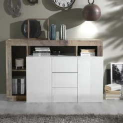 Madia 146x93 moderna con due ante e tre cassetti e ripiano bianco e pero ML19