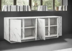 Madia 180x79 moderna con quattro ante battenti finitura effetto marmo bianco ML22