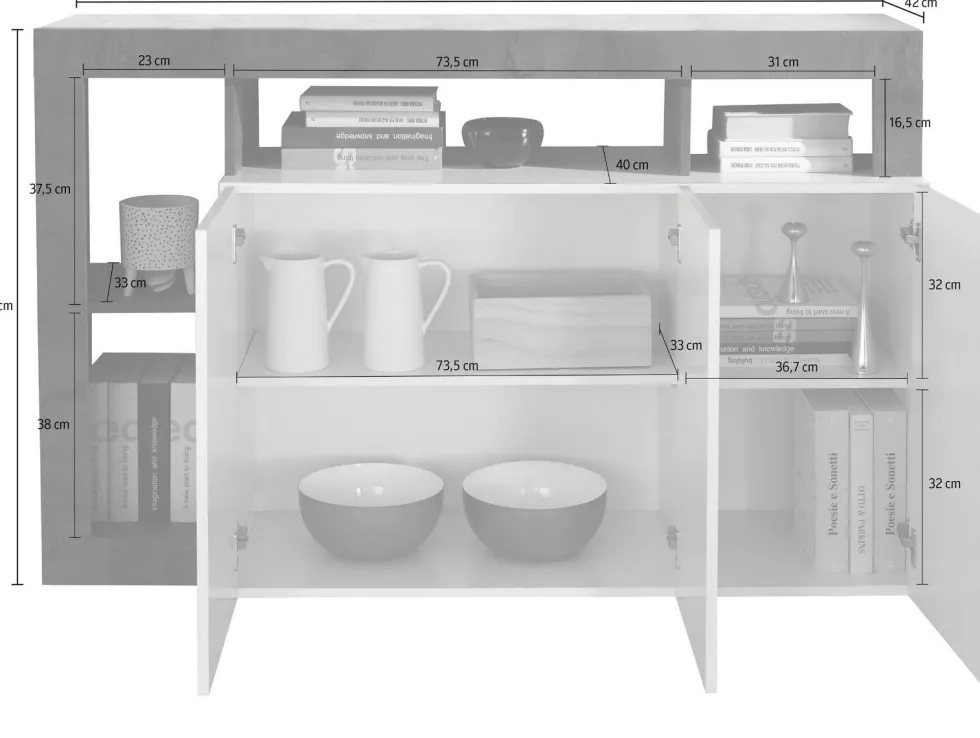 Madia 146x93 moderna con tre ante e ripiano per soggiorno bianco e cemento ML18