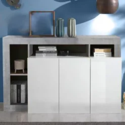Madia 146x93 moderna con tre ante e ripiano per soggiorno bianco e cemento ML18