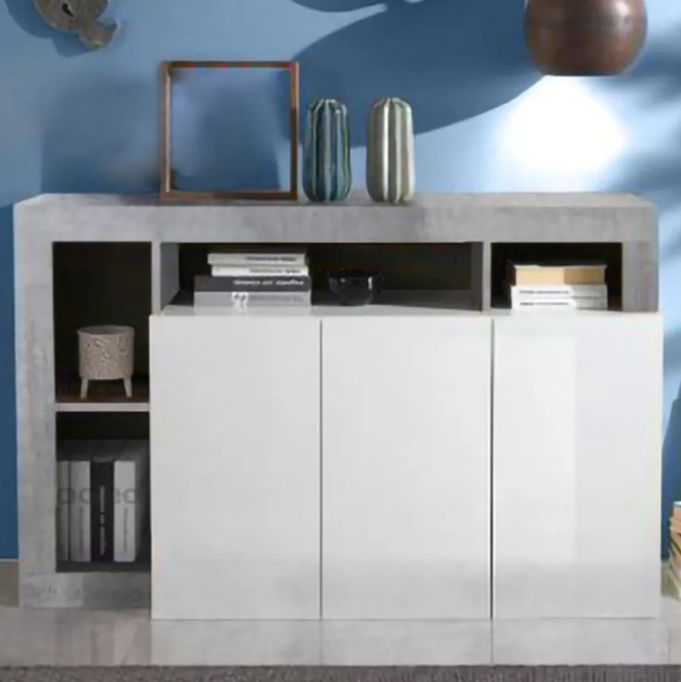Madia 146x93 moderna con tre ante e ripiano per soggiorno bianco e cemento ML18