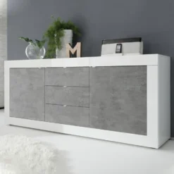 Madia 210x86 moderna con tre cassetti e due ante bianco e cemento ML5