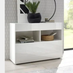 Madia 110x82 moderna con un cassetto e un’anta a ribalta bianco lucido ML43
