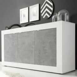 Madia 160x86 moderna da soggiorno con tre ante battenti bianco e cemento ML7