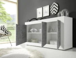Madia 160x86 moderna da soggiorno con tre ante battenti bianco e cemento ML7