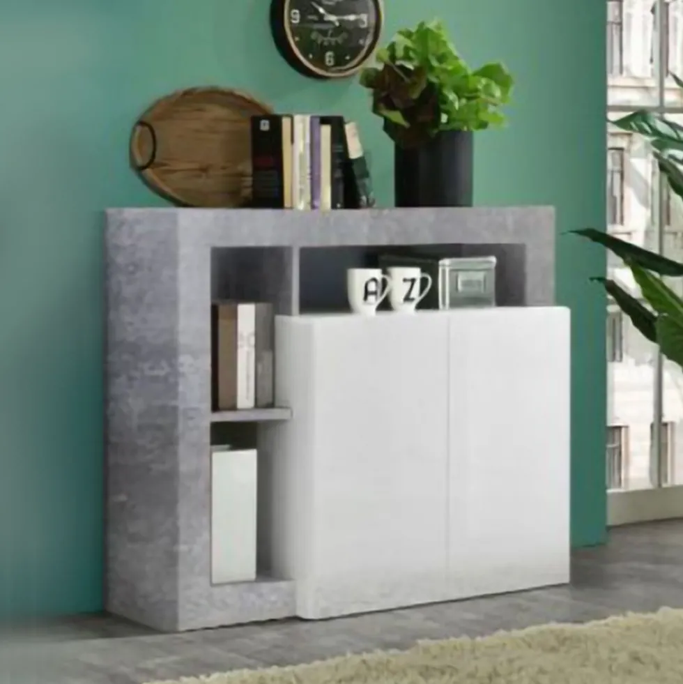 Madia 108x93 piccola moderna con due ante battenti e ripiano bianco e cemento ML20