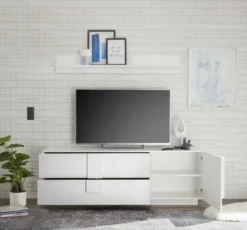 Madia 181x63 versatile moderna per soggiorno con ampi cassetti e anta singola bianco lucido ML29