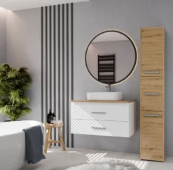 Mobile bagno sospeso 80 cm con 2 cassetti bianco e rovere MLBT2