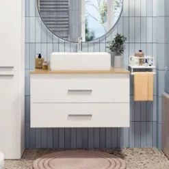 Mobile bagno sospeso 80 cm con 2 cassetti bianco e rovere MLBT2