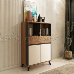 Mobile contenitore salvaspazio 80x125x40 cm con 2 vani a giorno in rovere, grafite e beige MCU1