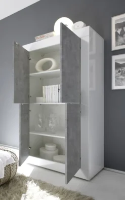 Mobile contenitore 102x162cm da zona giorno a quattro ante battenti bianco e cemento MCL2