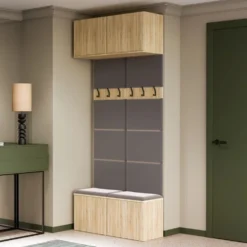 Mobile ingresso appendiabiti 100x238 con panca rovere chiaro e grigio MIT14