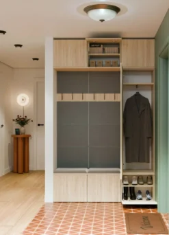 Mobile ingresso moderno 150x238 con scarpiera rovere chiaro e grigio MIT10