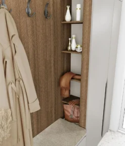 Mobile ingresso 160x188 cm noce e beige con 3 ganci appendiabiti e scarpiera a ribalta II26