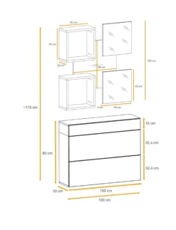 Mobile ingresso 100x190cm sospeso con pensile a due ante e specchi design moderno rovere e nero IP5