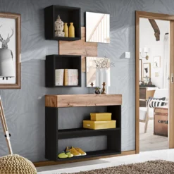 Mobile ingresso 100x190cm sospeso con pensili a giorno e specchi design moderno rovere e nero IP4