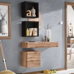 Mobile ingresso 100x170cm sospeso con pensili a giorno design moderno rovere e nero IP3
