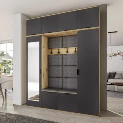 Mobile per ingresso moderno 180x229 cm rovere e grafite con specchio e seduta imbottita II24