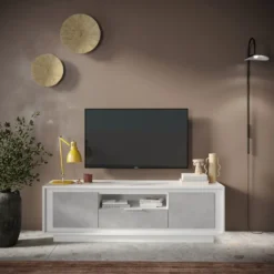 Mobile porta TV con 2 ante e un cassetto 184x58 cm bianco opaco e cemento PTL24