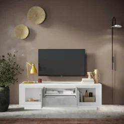 Mobile porta TV con 2 ante e un cassetto 184x58 cm bianco opaco e cemento PTL24