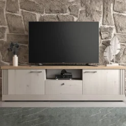 Mobile porta TV moderno 211x58 cm bianco effetto legno e rovere PTL25