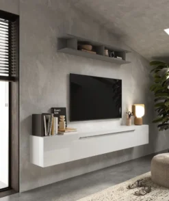 Mobile porta tv sospeso 210x180 cm grigio e bianco lucido PTL27