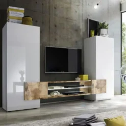 Mobile porta TV 258x143 grande moderno con frontali e ampio vano a giorno bianco e pero PTL17