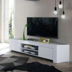 Mobile porta TV 190x45 moderno basso con due vani a giorno centrali bianco lucido PTL1