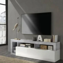 Mobile porta TV 184x58 moderno con anta a ribalta e vani a giorno bianco e cemento PTL9