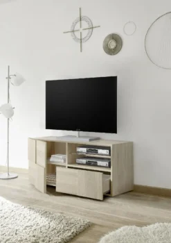Mobile porta TV 121x57 moderno con anta singola e cassetto design geometrico rovere PTL5