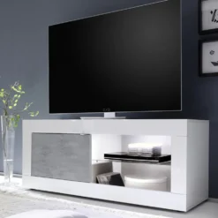 Mobile porta TV 140x56 moderno con anta singola e vani a giorno bianco e cemento PTL3