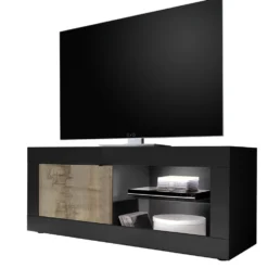 Mobile porta TV 140x56 moderno con anta singola e vani a giorno nero e pero PTL3