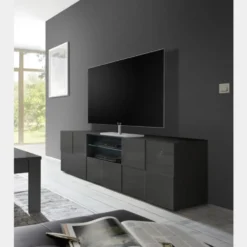 Mobile porta TV 181x57 moderno con design geometrico doppia anta e cassetto grigio lucido PTL4