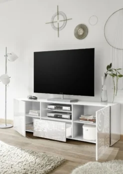 Mobile porta TV 181x57 moderno con due ante e un cassetto bianco serigrafato PTL14
