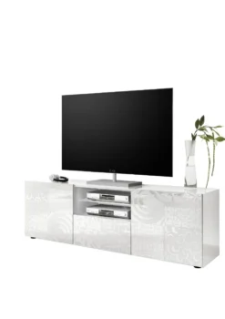 Mobile porta TV 181x57 moderno con due ante e un cassetto bianco serigrafato PTL14