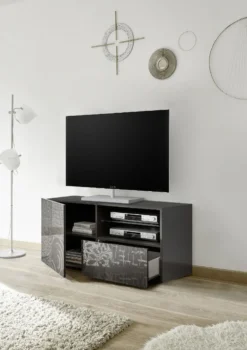 Mobile porta TV 122x57 piccolo moderno con anta singola e cassetto grigio serigrafato PTL15